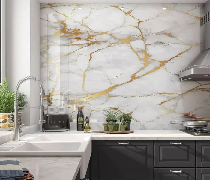 3 x Gold White Marble Shower panels + 2 internal corner chrome + 2 End Cap Trim