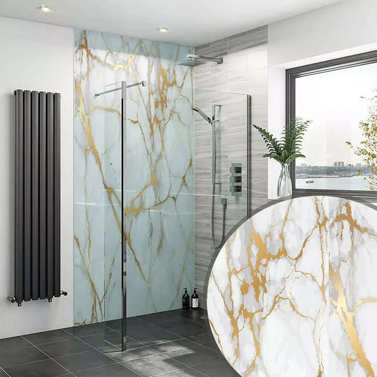 3 x Gold White Marble Shower panels + 2 internal corner chrome + 2 End Cap Trim
